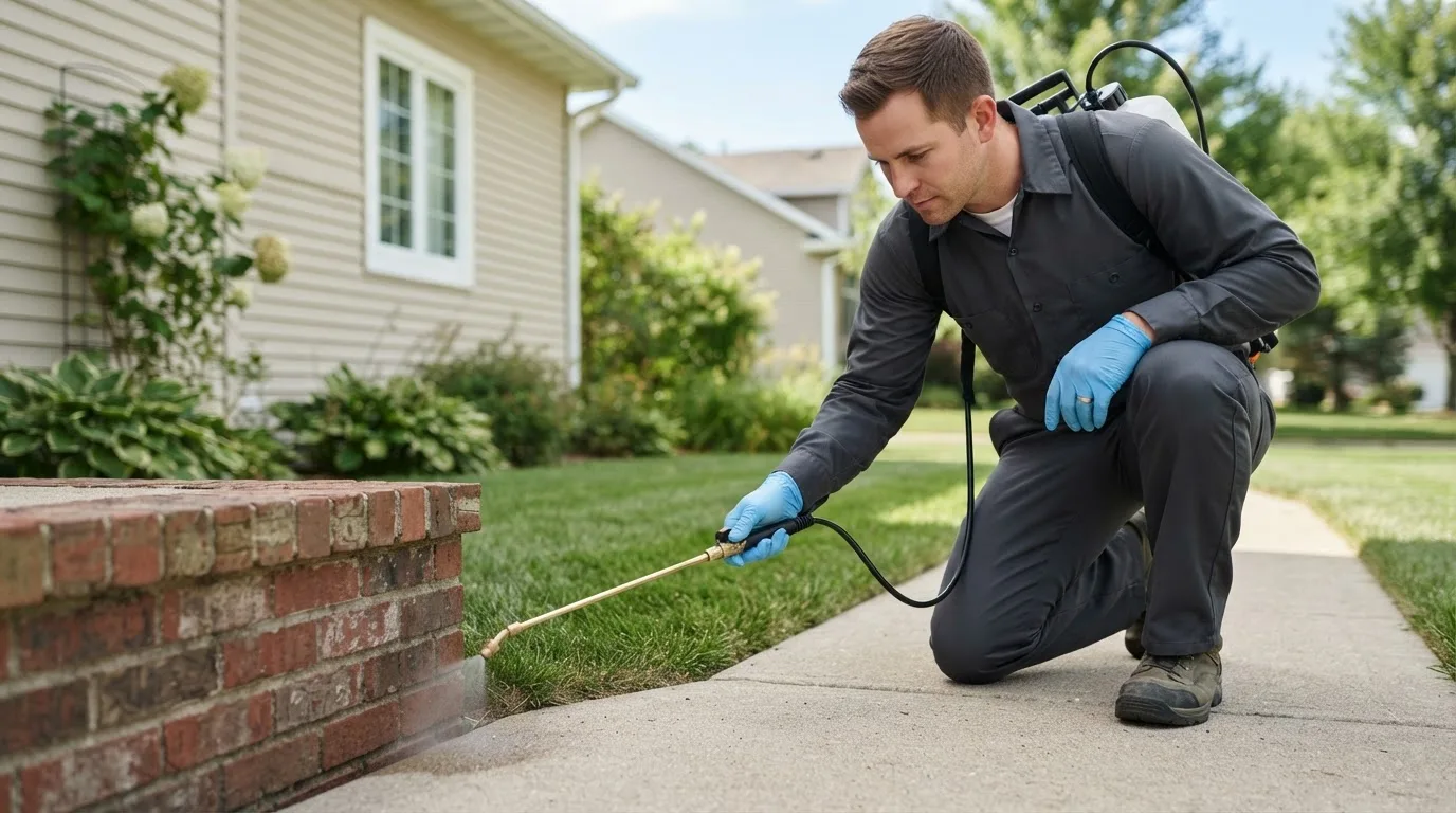 Pest control technician treating a home near Vassar, KS