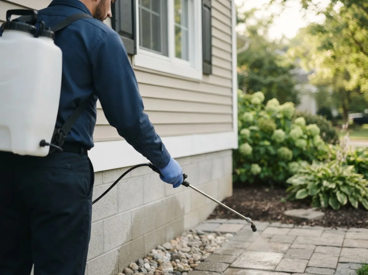 Pest control technician inspecting a home in Vassar, KS